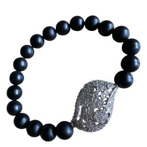 Matte 8mm Onyx Stretch Bracelet w/ Silver Pave Crystal Filigree Spacer